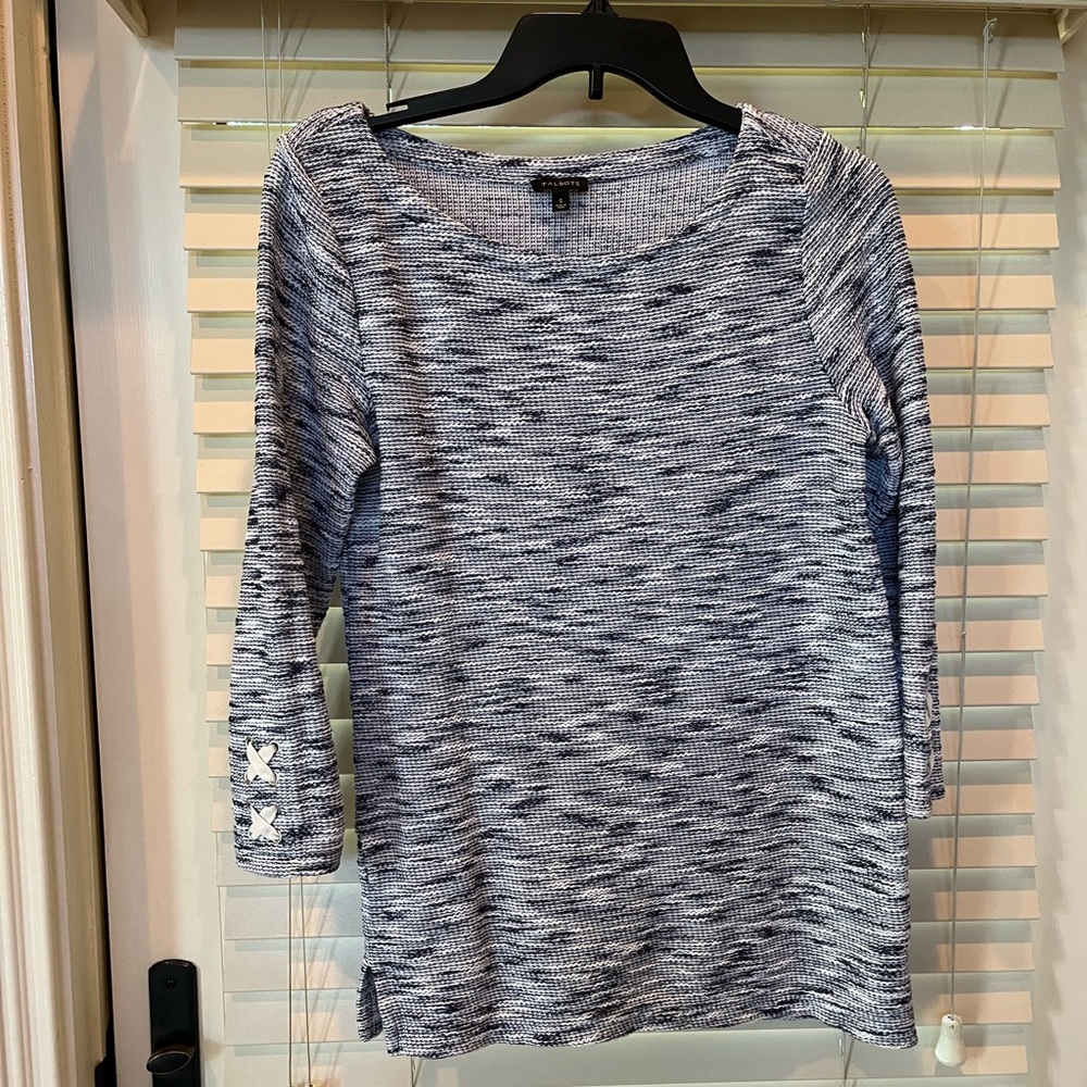 Talbots 3/4 sleeve top. Navy, white with silver thread, small